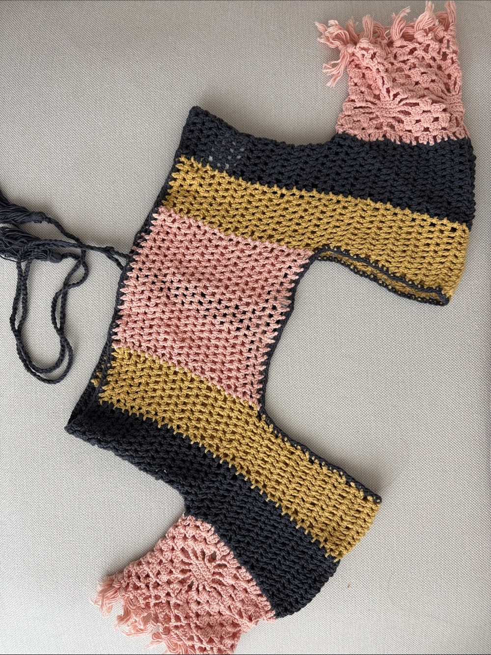 Tie-Front Crochet Colorblock Crop Top in Yellow, Pink & Black - Picture 6 of 6